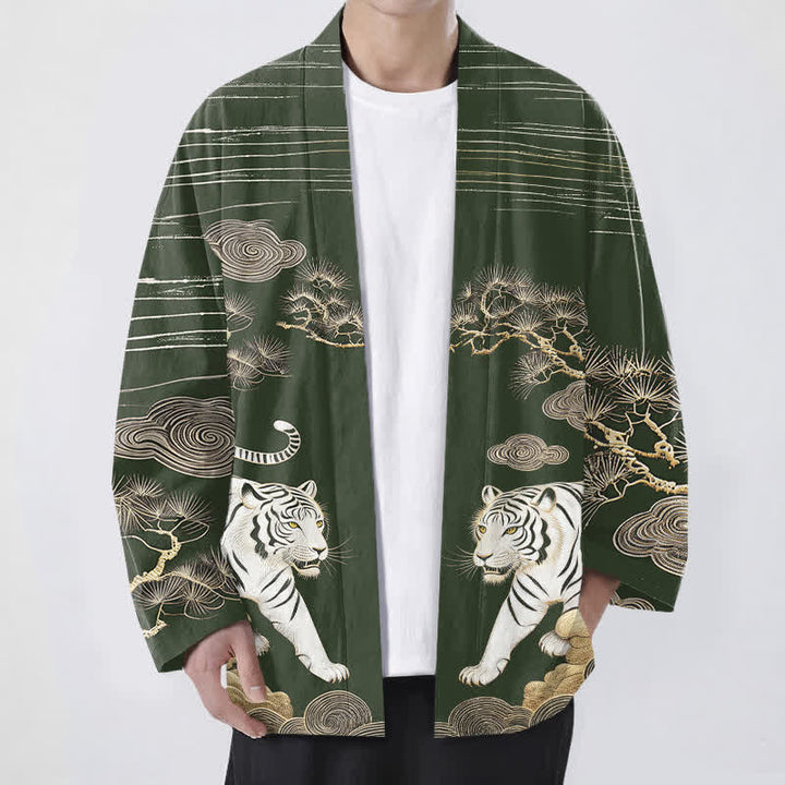 Buddha Stones 綿素材、白虎雲松柄、前開きメンズ着物 - ダークグリーン - US/UK/AU48、 EU58 (4XL) - image 6