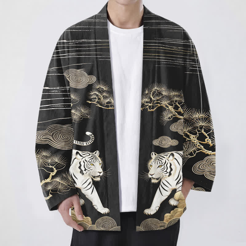 Buddha Stones 綿素材、白虎雲松柄、前開きメンズ着物 - 黒 - US/UK/AU48、 EU58 (4XL) - image 9