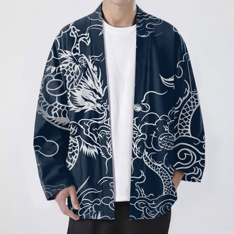 Buddha Stones 綿素材の伝統的な龍雲模様のオープンフロントメンズ着物 - 海軍 - US/UK/AU48、 EU58 (4XL) - image 0