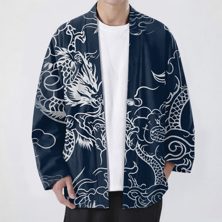 Buddha Stones 綿素材の伝統的な龍雲模様のオープンフロントメンズ着物 - 海軍 - US/UK/AU48、 EU58 (4XL) - image 0