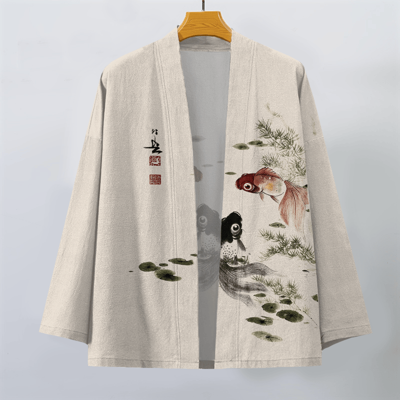 Buddha Stones 綿素材、赤黒鯉蓮柄、前開きメンズ着物 - image 1