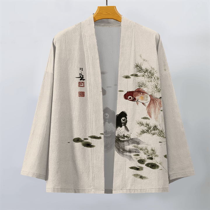 Buddha Stones 綿素材、赤黒鯉蓮柄、前開きメンズ着物 - image 1