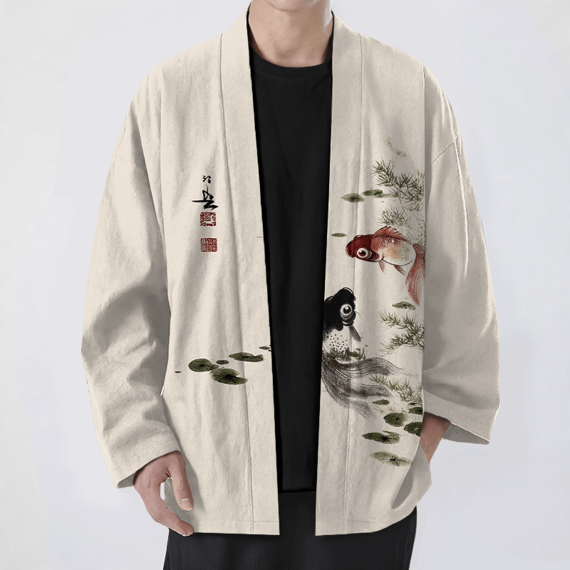 Buddha Stones 綿素材、赤黒鯉蓮柄、前開きメンズ着物 - ベージュ - US/UK/AU48、 EU58 (4XL) - image 0