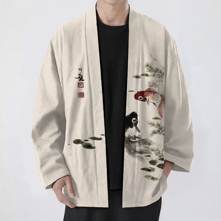 Buddha Stones 綿素材、赤黒鯉蓮柄、前開きメンズ着物 - ベージュ - US/UK/AU48、 EU58 (4XL) - image 0