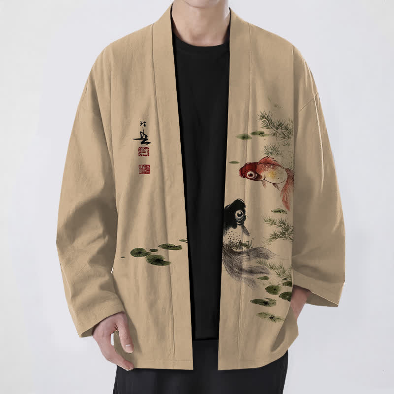 Buddha Stones 綿素材、赤黒鯉蓮柄、前開きメンズ着物 - タン - US/UK/AU48、 EU58 (4XL) - image 6