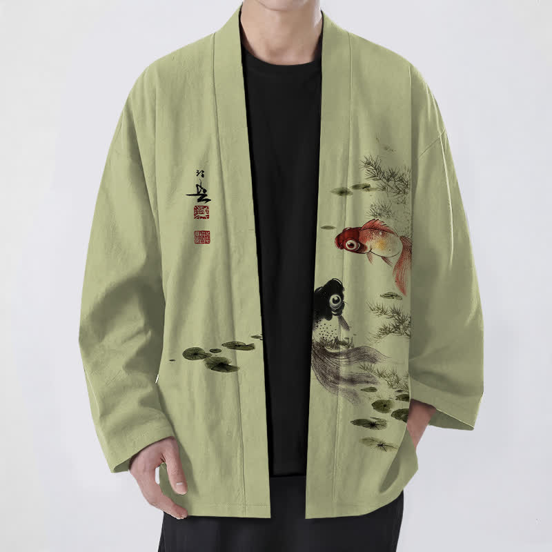 Buddha Stones 綿素材、赤黒鯉蓮柄、前開きメンズ着物 - 黄緑 - US/UK/AU48、 EU58 (4XL) - image 9