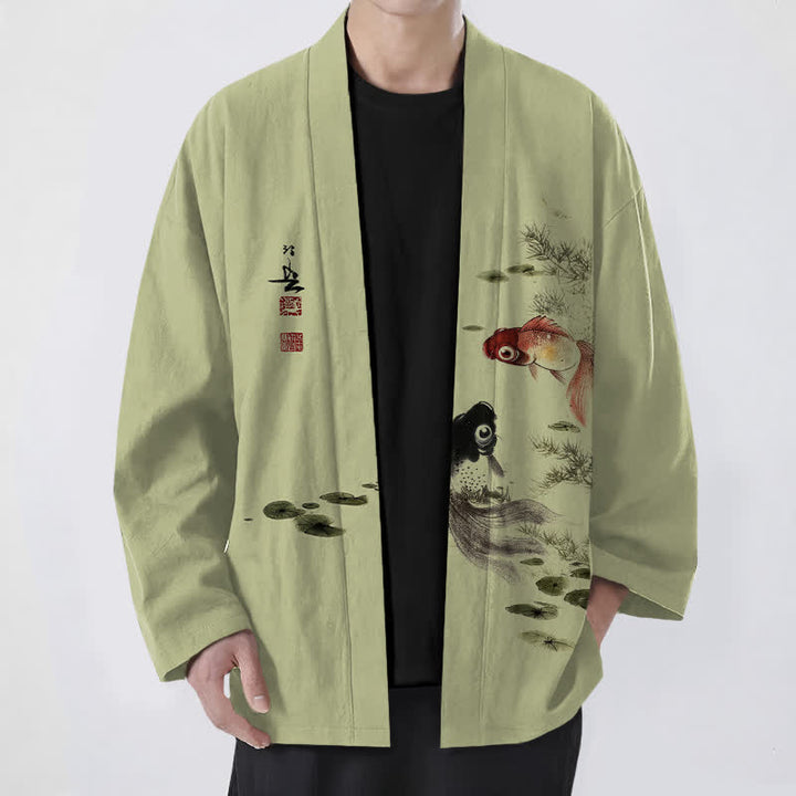 Buddha Stones 綿素材、赤黒鯉蓮柄、前開きメンズ着物 - 黄緑 - US/UK/AU48、 EU58 (4XL) - image 9