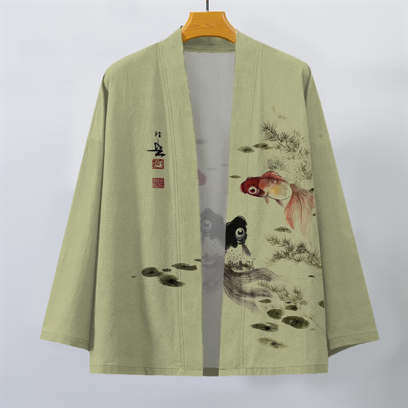 Buddha Stones 綿素材、赤黒鯉蓮柄、前開きメンズ着物 - image 10