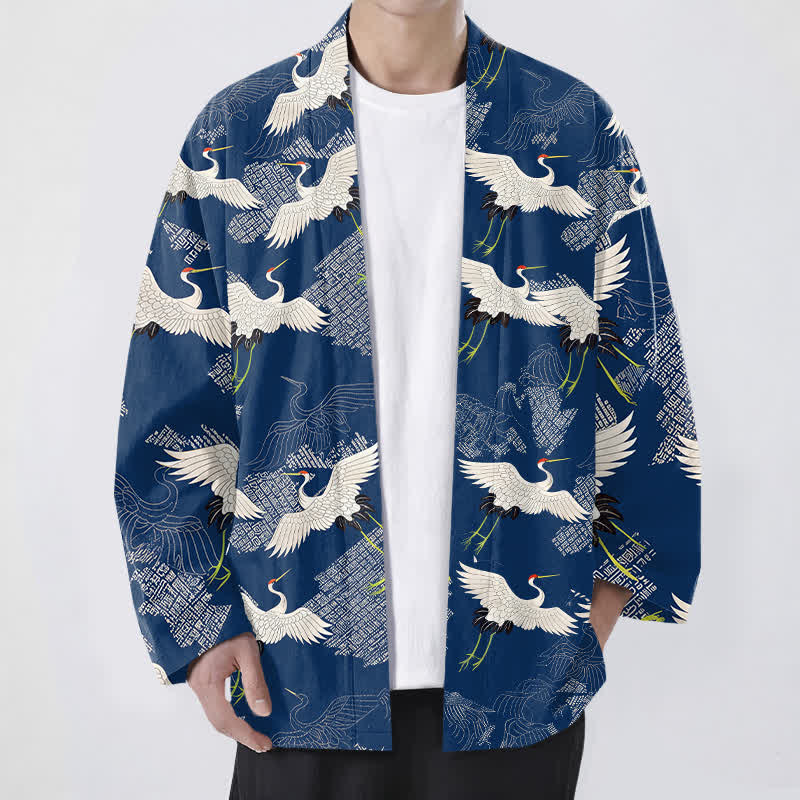 Buddha Stones 綿素材の白鶴模様のオープンフロントメンズ着物 - 海軍 - US/UK/AU48、 EU58 (4XL) - image 0