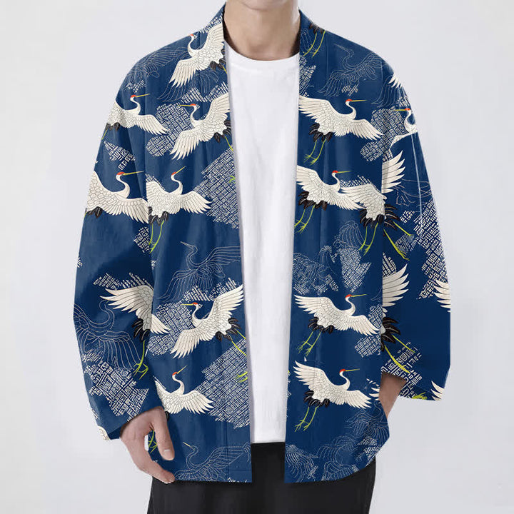 Buddha Stones 綿素材の白鶴模様のオープンフロントメンズ着物 - 海軍 - US/UK/AU48、 EU58 (4XL) - image 0