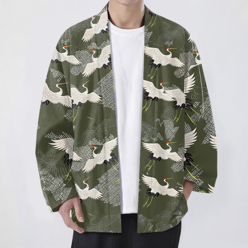 Buddha Stones 綿素材の白鶴模様のオープンフロントメンズ着物 - オリーブドラブ - US/UK/AU48、 EU58 (4XL) - image 6