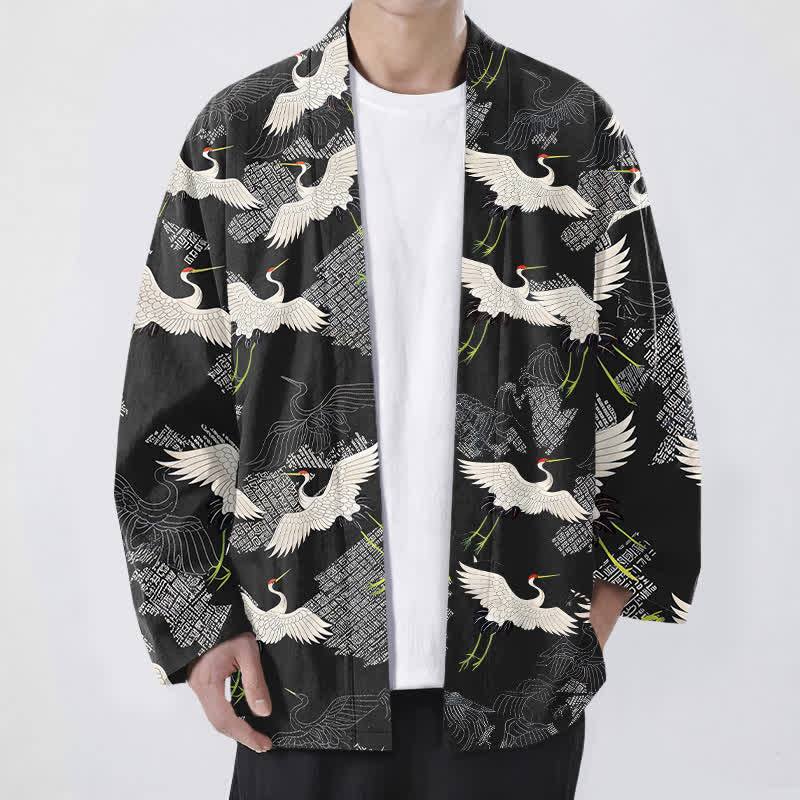 Buddha Stones 綿素材の白鶴模様のオープンフロントメンズ着物 - 黒 - US/UK/AU48、 EU58 (4XL) - image 9