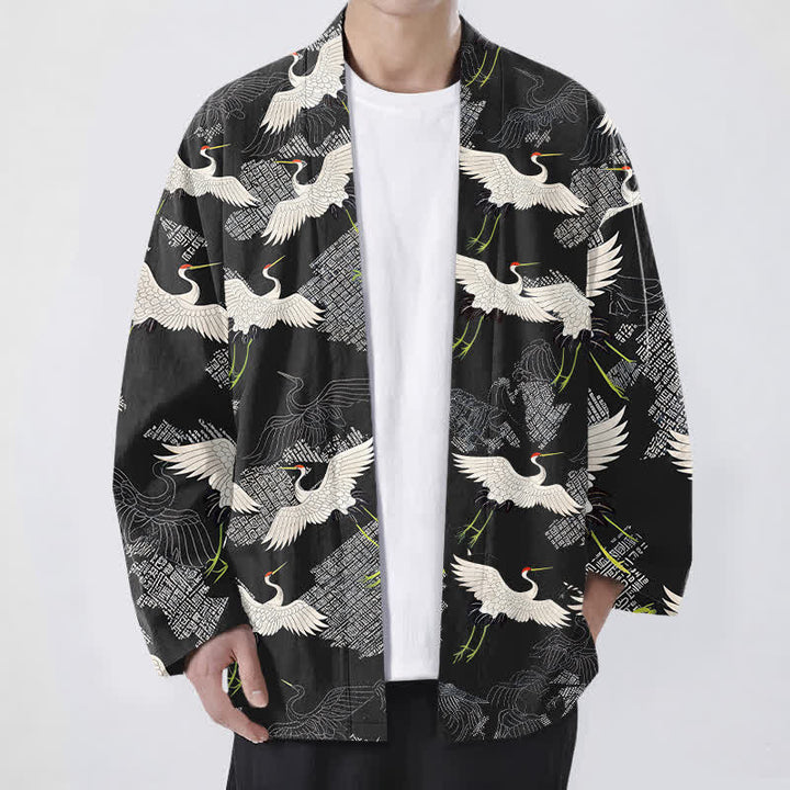 Buddha Stones 綿素材の白鶴模様のオープンフロントメンズ着物 - 黒 - US/UK/AU48、 EU58 (4XL) - image 9