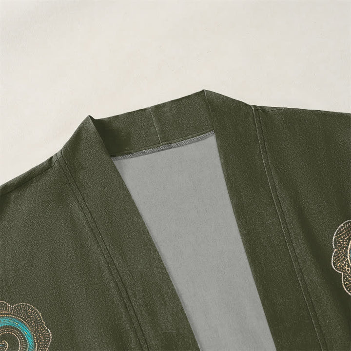Buddha Stones 綿素材の金鶴と海雲模様のオープンフロントメンズ着物 - image 3