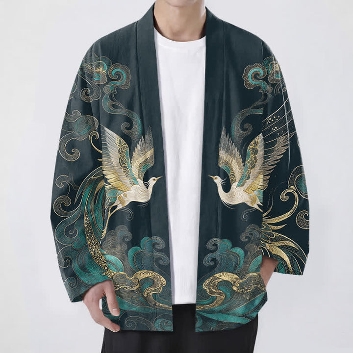 Buddha Stones 綿素材の金鶴と海雲模様のオープンフロントメンズ着物 - ティール - US/UK/AU48、 EU58 (4XL) - image 6