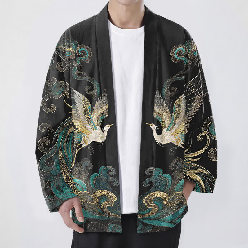 Buddha Stones 綿素材の金鶴と海雲模様のオープンフロントメンズ着物 - 黒 - US/UK/AU48、 EU58 (4XL) - image 9