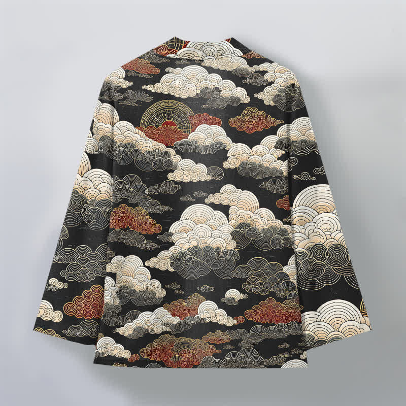 Buddha Stones 綿素材の吉祥雲潮模様のオープンフロントメンズ着物 - image 2