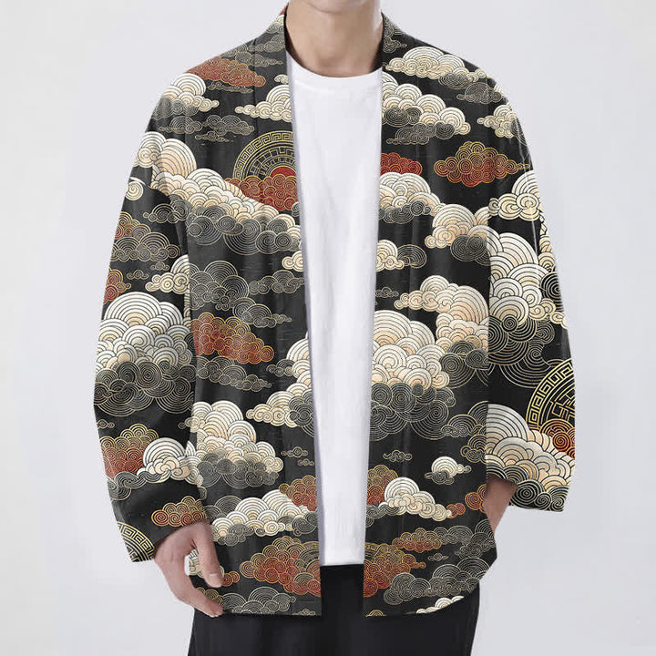 Buddha Stones 綿素材の吉祥雲潮模様のオープンフロントメンズ着物 - 黒 - US/UK/AU48、 EU58 (4XL) - image 0