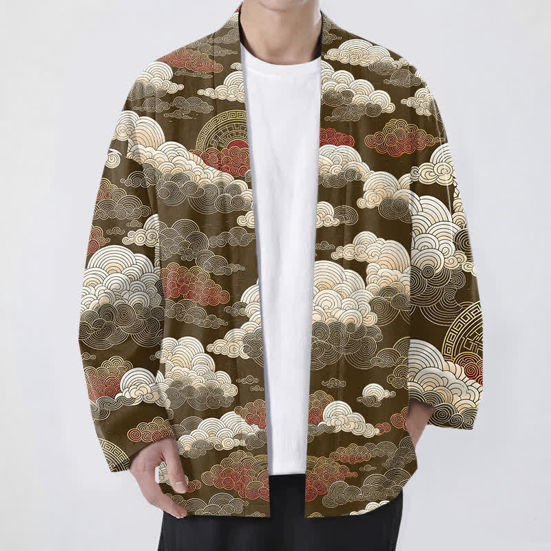 Buddha Stones 綿素材の吉祥雲潮模様のオープンフロントメンズ着物 - サドルブラウン - US/UK/AU48、 EU58 (4XL) - image 6