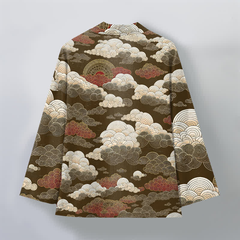 Buddha Stones 綿素材の吉祥雲潮模様のオープンフロントメンズ着物 - image 8