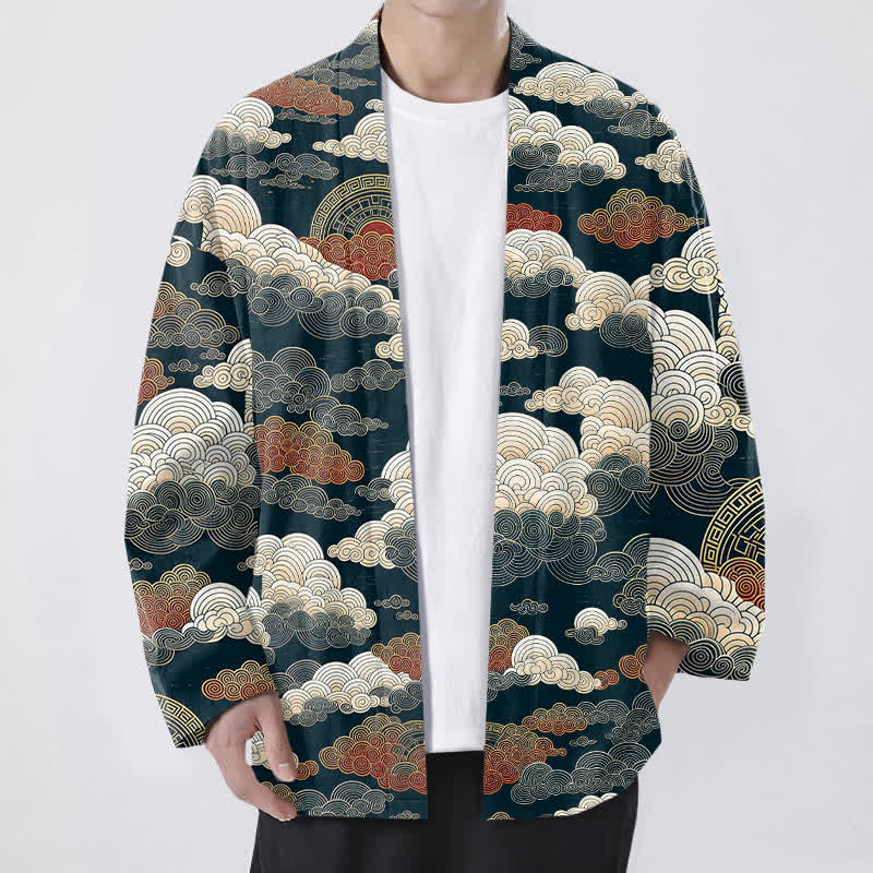 Buddha Stones 綿素材の吉祥雲潮模様のオープンフロントメンズ着物 - 海軍 - US/UK/AU48、 EU58 (4XL) - image 9