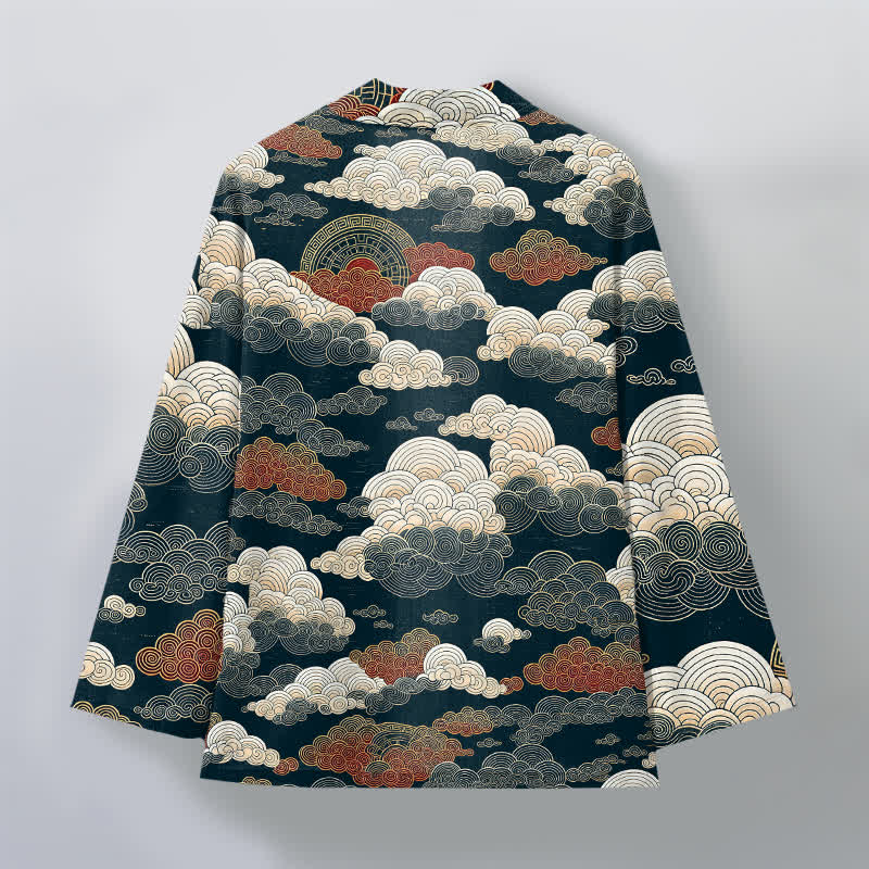 Buddha Stones 綿素材の吉祥雲潮模様のオープンフロントメンズ着物 - image 11