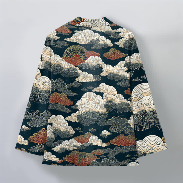 Buddha Stones 綿素材の吉祥雲潮模様のオープンフロントメンズ着物 - image 11