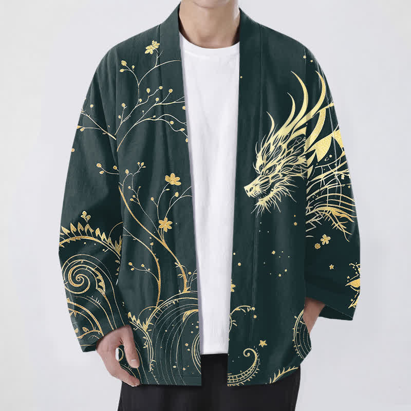 Buddha Stones コットン製、龍の潮風模様、花柄、前開きメンズ着物 - ティール - US/UK/AU48、 EU58 (4XL) - image 0
