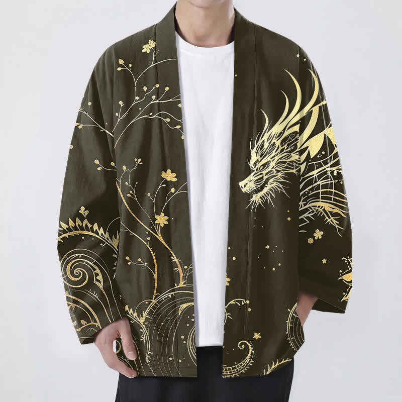 Buddha Stones コットン製、龍の潮風模様、花柄、前開きメンズ着物 - オリーブ - US/UK/AU48、 EU58 (4XL) - image 6