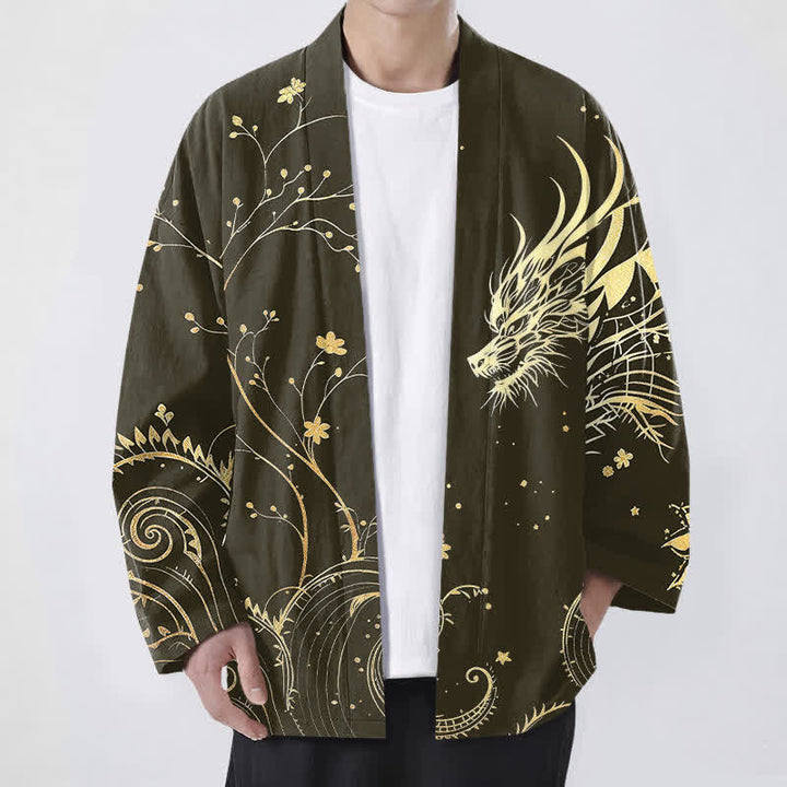 Buddha Stones コットン製、龍の潮風模様、花柄、前開きメンズ着物 - オリーブ - US/UK/AU48、 EU58 (4XL) - image 6