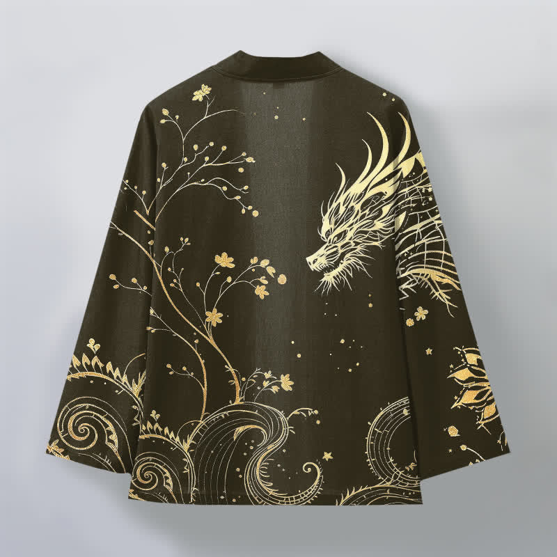 Buddha Stones コットン製、龍の潮風模様、花柄、前開きメンズ着物 - image 8
