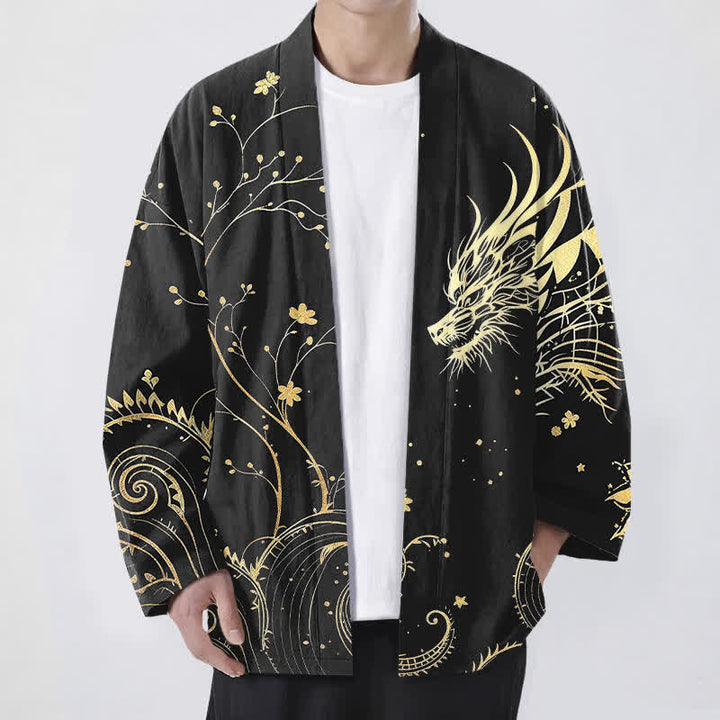 Buddha Stones コットン製、龍の潮風模様、花柄、前開きメンズ着物 - 黒 - US/UK/AU48、 EU58 (4XL) - image 9