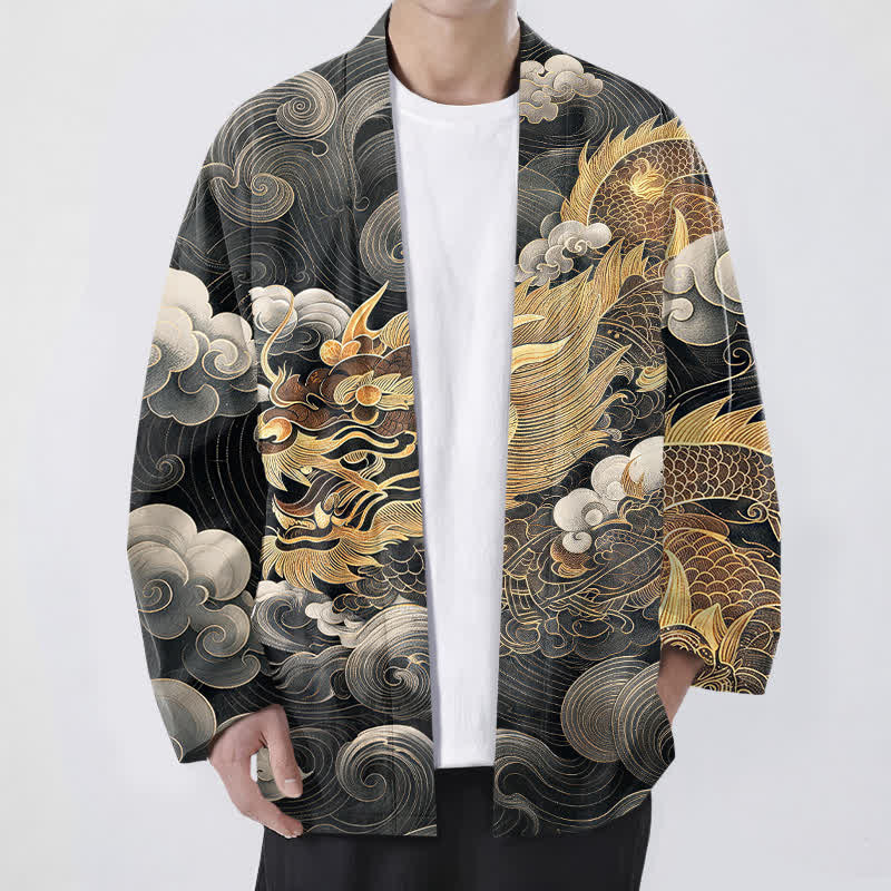 Buddha Stones 綿素材、縁起の良い龍雲海柄、前開きメンズ着物 - 黒 - US/UK/AU48、 EU58 (4XL) - image 0