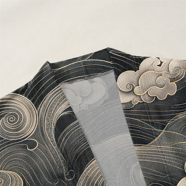 Buddha Stones 綿素材、縁起の良い龍雲海柄、前開きメンズ着物 - image 3