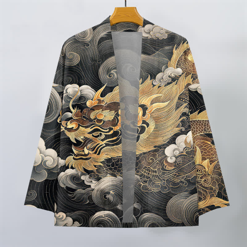 Buddha Stones 綿素材、縁起の良い龍雲海柄、前開きメンズ着物 - image 1