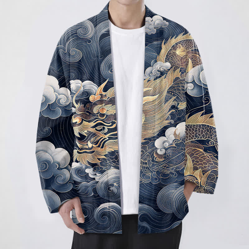 Buddha Stones 綿素材、縁起の良い龍雲海柄、前開きメンズ着物 - 海軍 - US/UK/AU48、 EU58 (4XL) - image 6