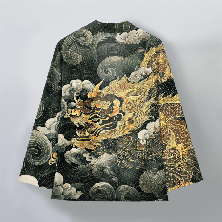 Buddha Stones 綿素材、縁起の良い龍雲海柄、前開きメンズ着物 - image 11