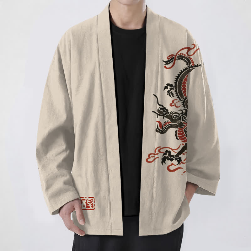 Buddha Stones 綿素材、黒と赤の龍柄、前開きメンズ着物 - ベージュ - US/UK/AU48、 EU58 (4XL) - image 0