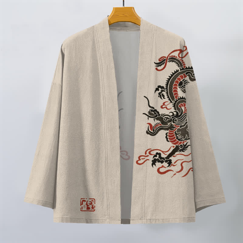 Buddha Stones 綿素材、黒と赤の龍柄、前開きメンズ着物 - image 1