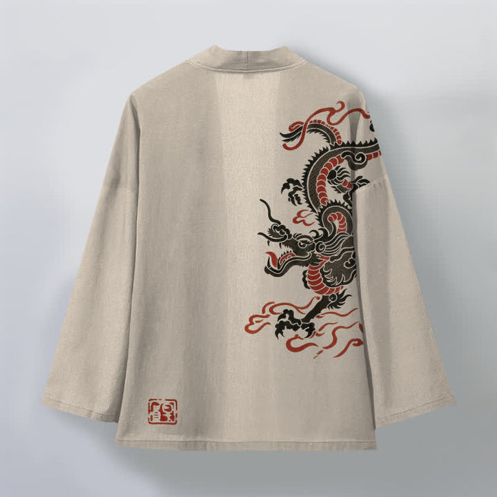Buddha Stones 綿素材、黒と赤の龍柄、前開きメンズ着物 - image 2