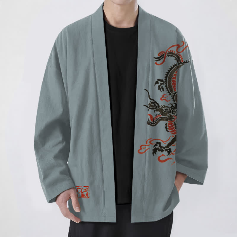 Buddha Stones 綿素材、黒と赤の龍柄、前開きメンズ着物 - カデットブルー - US/UK/AU48、 EU58 (4XL) - image 6