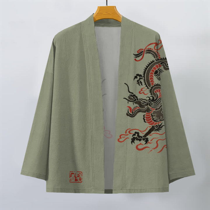 Buddha Stones 綿素材、黒と赤の龍柄、前開きメンズ着物 - image 10