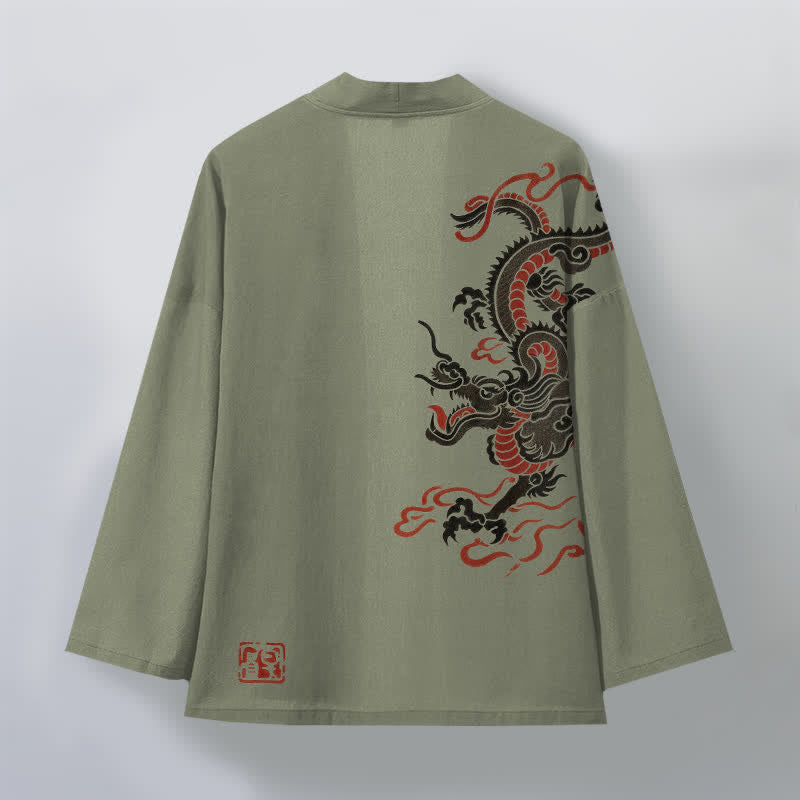 Buddha Stones 綿素材、黒と赤の龍柄、前開きメンズ着物 - image 11
