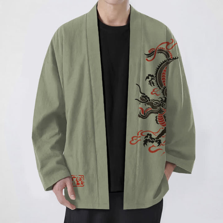 Buddha Stones 綿素材、黒と赤の龍柄、前開きメンズ着物 - オリーブドラブ - US/UK/AU48、 EU58 (4XL) - image 9