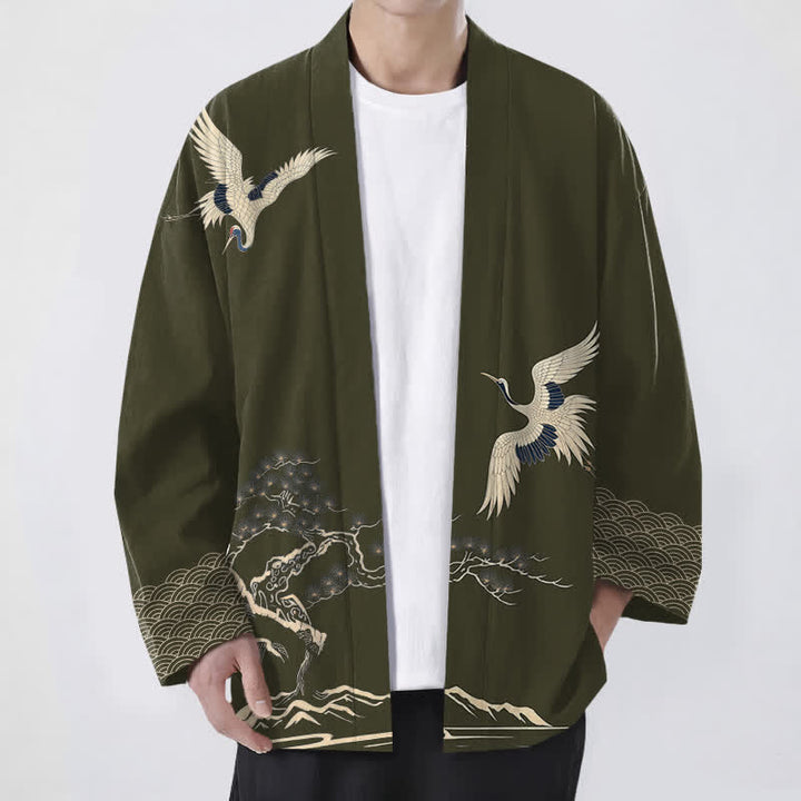 Buddha Stones 綿鶴松風景柄前開きメンズ着物 - ダークオリーブグリーン - US/UK/AU48、 EU58 (4XL) - image 0