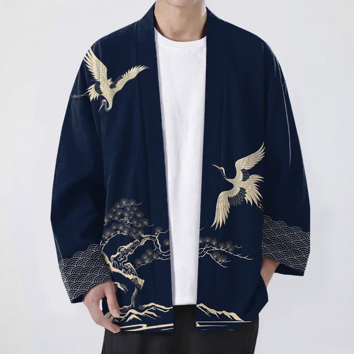 Buddha Stones 綿鶴松風景柄前開きメンズ着物 - 海軍 - US/UK/AU48、 EU58 (4XL) - image 6