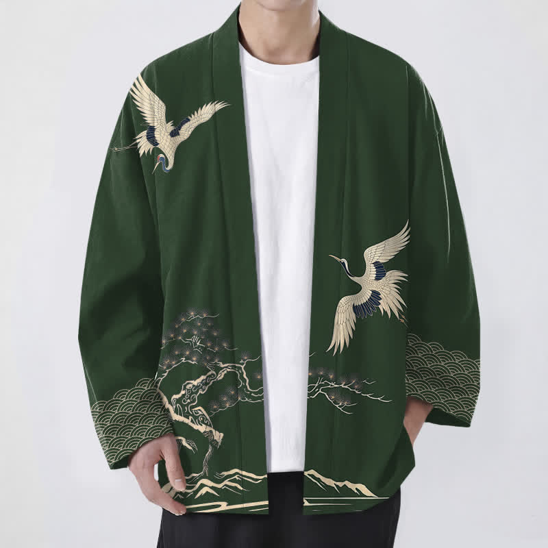 Buddha Stones 綿鶴松風景柄前開きメンズ着物 - ダークグリーン - US/UK/AU48、 EU58 (4XL) - image 9