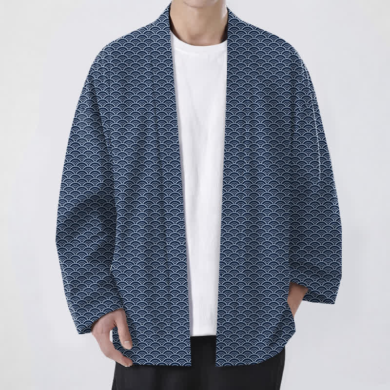 Buddha Stones 綿素材の日本の波模様のオープンフロントメンズ着物 - 海軍 - US/UK/AU48、 EU58 (4XL) - image 0