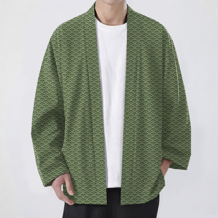Buddha Stones 綿素材の日本の波模様のオープンフロントメンズ着物 - オリーブドラブ - US/UK/AU48、 EU58 (4XL) - image 9