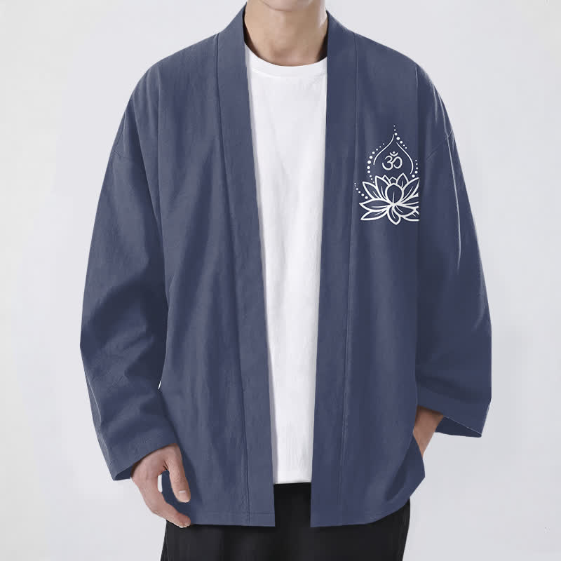 Buddha Stones 綿ロータスオム柄前開きメンズ着物 - スレートグレー - US/UK/AU48、 EU58 (4XL) - image 0